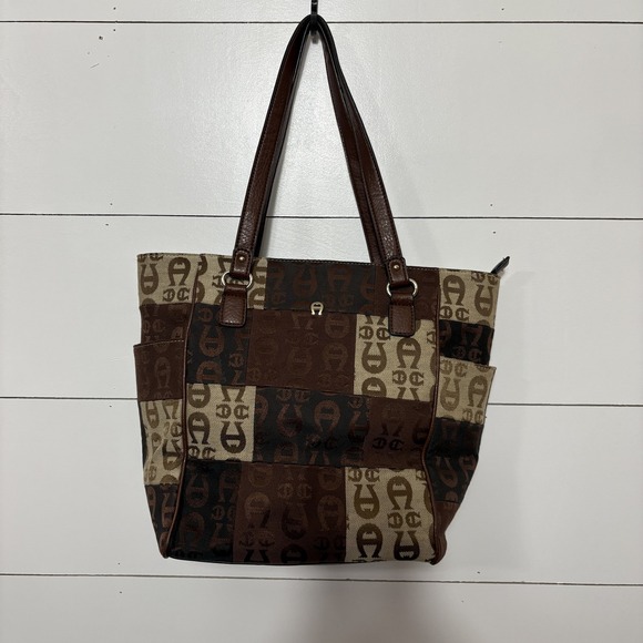 Etienne Aigner Tote‎ Bag Womens Patchwork Canvas Leather Shoulder Purse Pockets - Picture 1 of 12